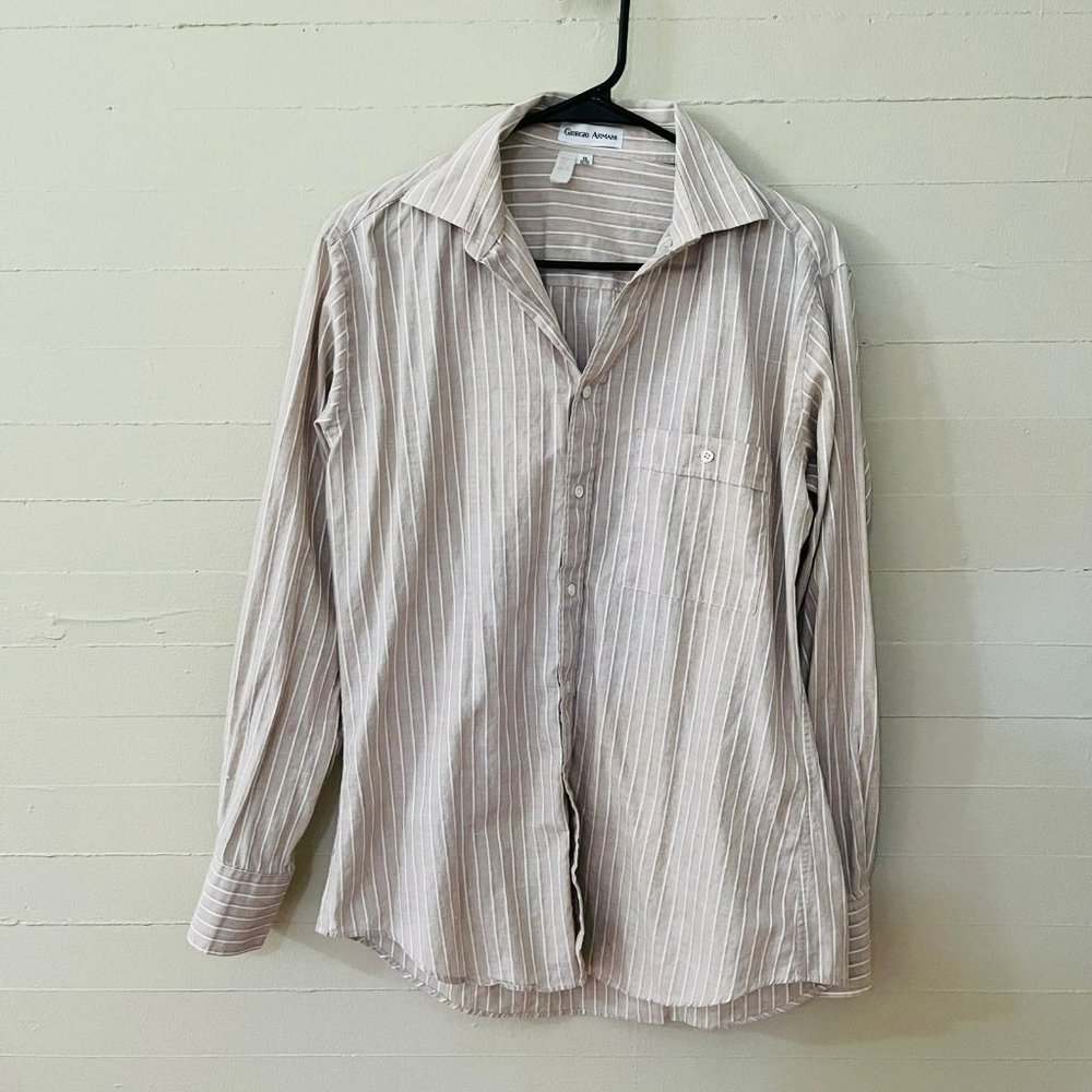 Vintage 90s Giorgio Armani Tan Striped Button Up Shirt Men’s 15 32/33 Italy